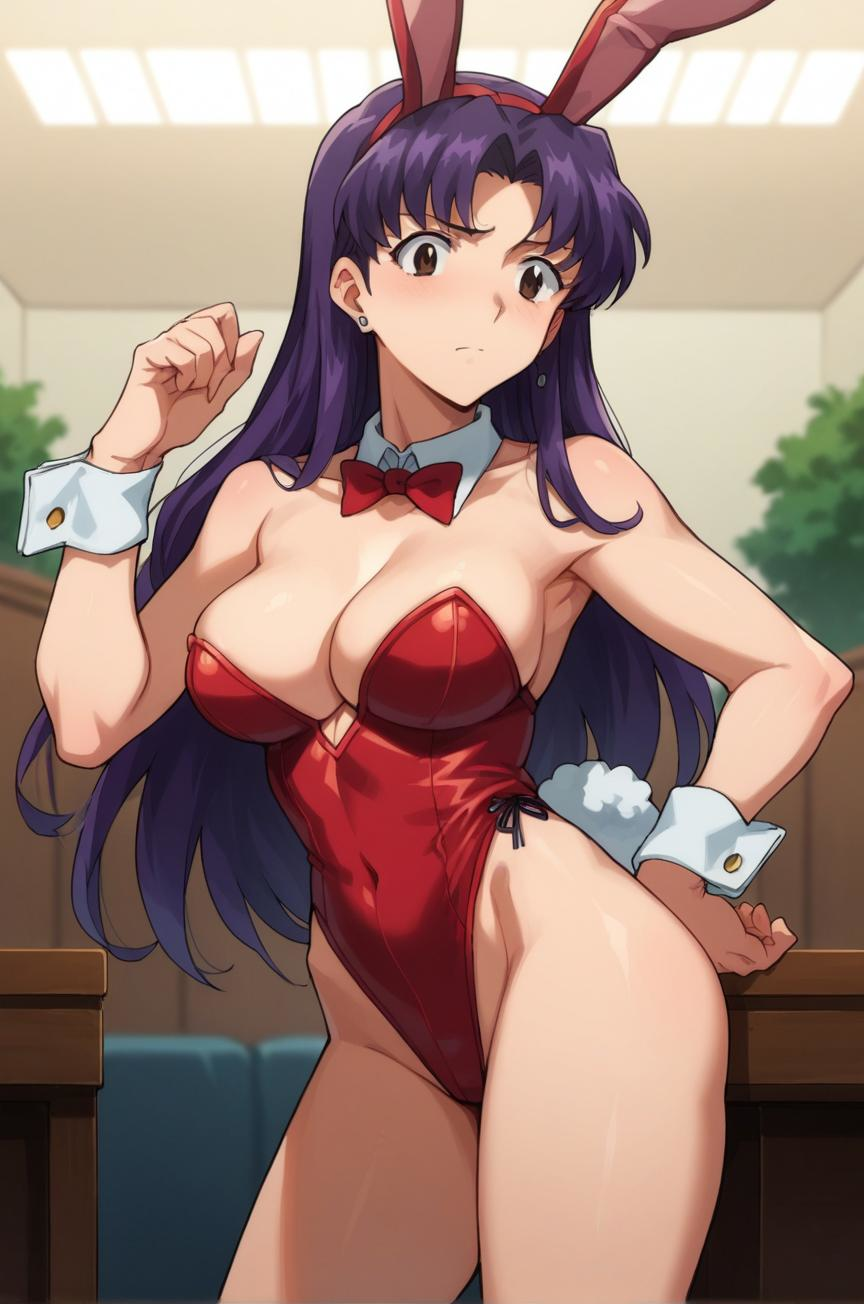 ai_generated big_breasts breasts bunny_costume bunny_ears bunnysuit misato_katsuragi necktie neon_genesis_evangelion purple_hair sfa1903 thighs toned toned_body toned_female white_cuffs