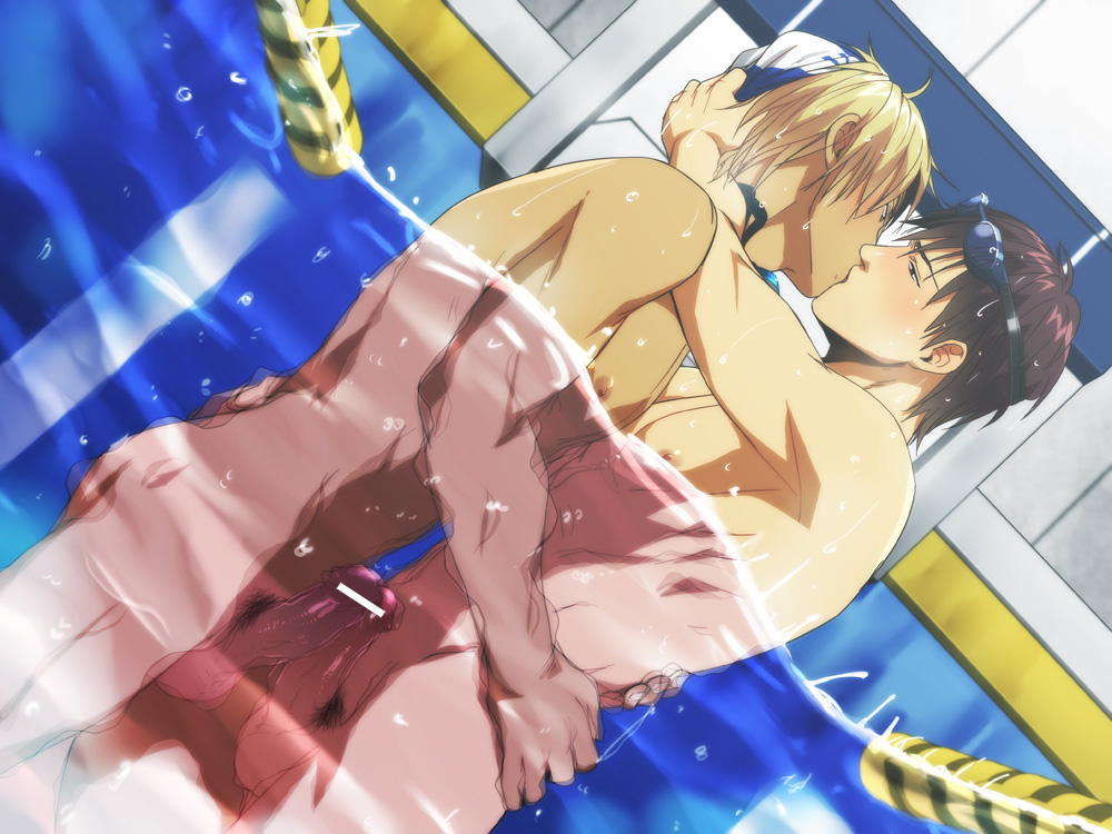 2boys abs black_eyes blonde_hair blush breath brown_hair censored dutch_angle erection frottage gay goggles grinding hug izumi_nekotsuki kissing male male_only motion_blur multiple_boys multiple_penises muscle nipples nude original partially_underwater_shot penis penises_touching pool pubic_hair sweat swim_cap tan topless underwater underwater_sex wasukoro water yaoi