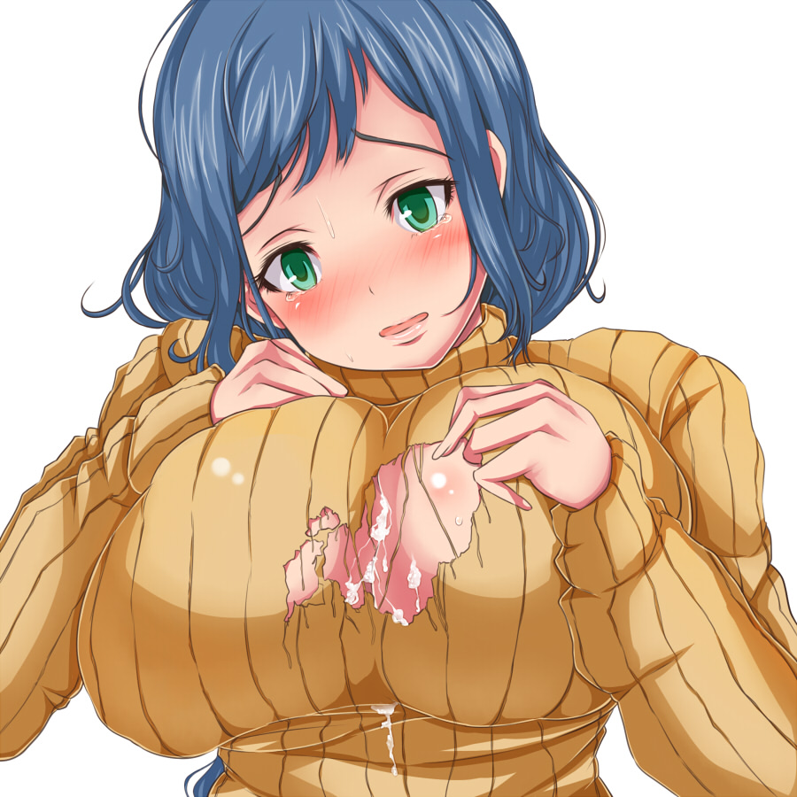 blue_hair blush breasts bust cum cum_on_body cum_on_breasts cum_on_clothes cum_on_upper_body cumdrip female green_eyes gundam gundam_build_fighters head_tilt huge_breasts iori_rinko long_hair looking_down milf ribbed_sweater sayaka_haore_no_yome simple_background solo sweat sweater tears torn_clothes turtleneck white_background