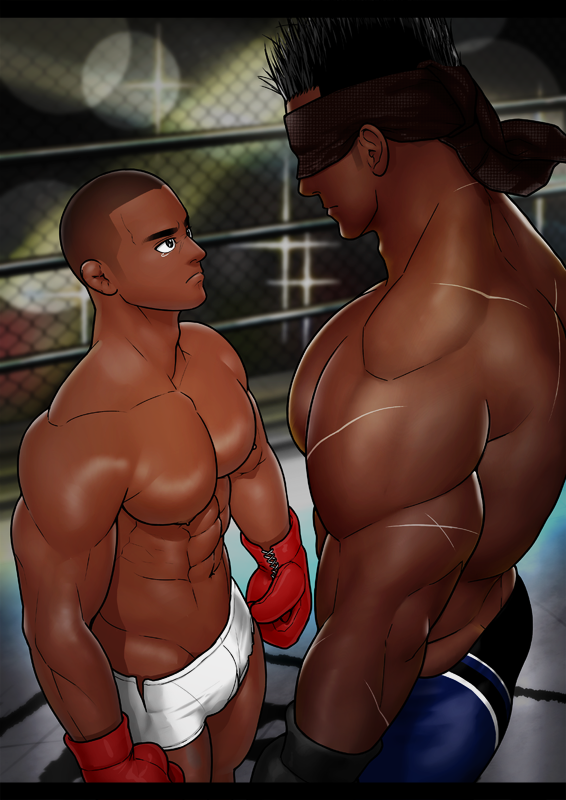 10s 2017 2boys bara boxing_gloves buzz_cut dark_skin eyes_covered kensuke_(yhs8) male male_only muscular nipples original tagme tear wrestling wrestling_ring