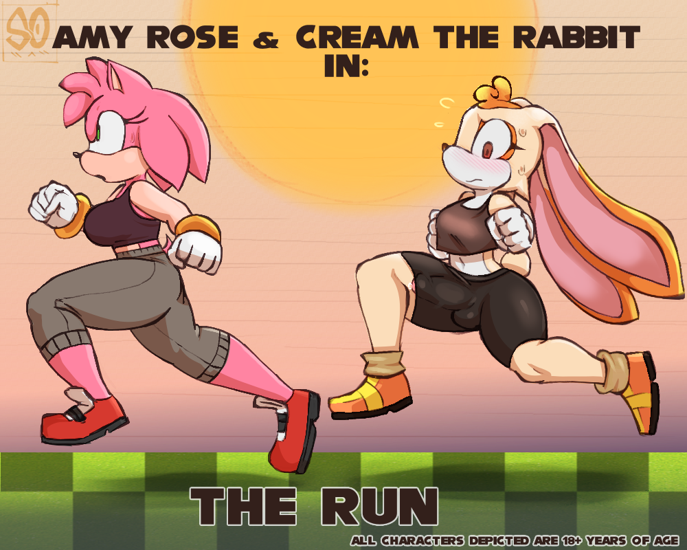 amy_rose anthro barely_visible_genitalia barely_visible_penis bodily_fluids bulge clothed clothing comic cover cover_art cover_page cream_the_rabbit duo female futanari genitals herm intersex intersex/female jogging penis running sega sonic_(series) sonic_the_hedgehog_(series) souley69 sweat