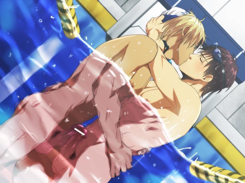 2boys abs black_eyes blonde_hair blush brown_hair censored closed_eyes dutch_angle erection frottage gay goggles grinding hug izumi_nekotsuki kissing male male_only motion_blur multiple_boys multiple_penises muscle nipples nude original partially_underwater_shot penis penises_touching pool pubic_hair sweat swim_cap tan topless underwater underwater_sex wasukoro water yaoi