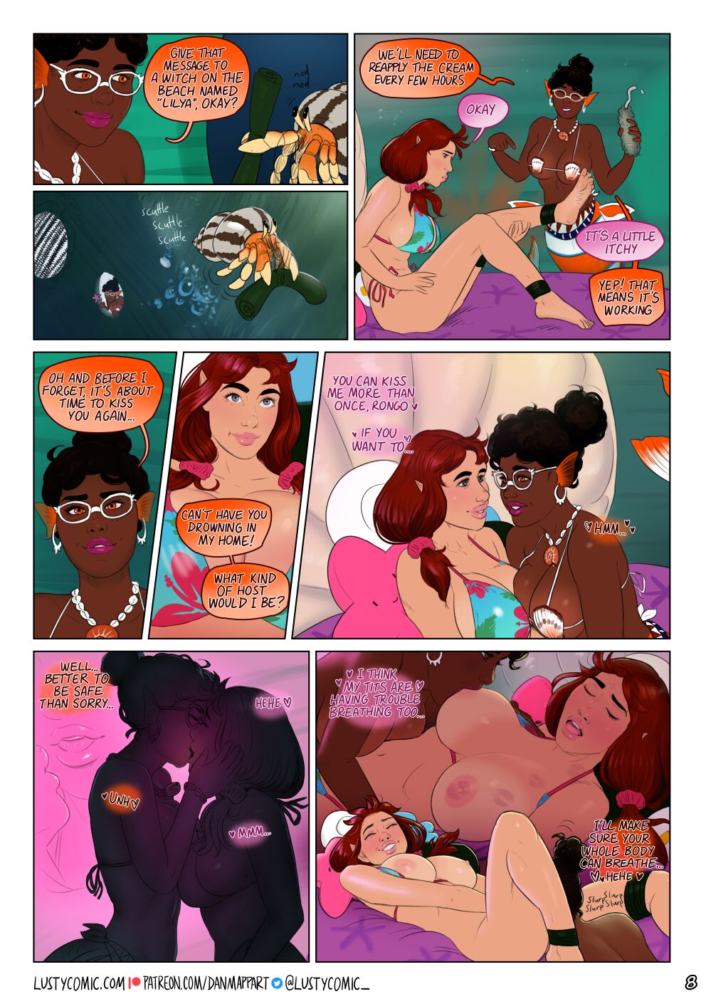 2girls big_breasts breasts comic comic_page dan_mapplethorpe english_text female kiss_mark kissing lipstick mermaid multiple_girls page_8 page_number patreon_username twitter_username underwater url