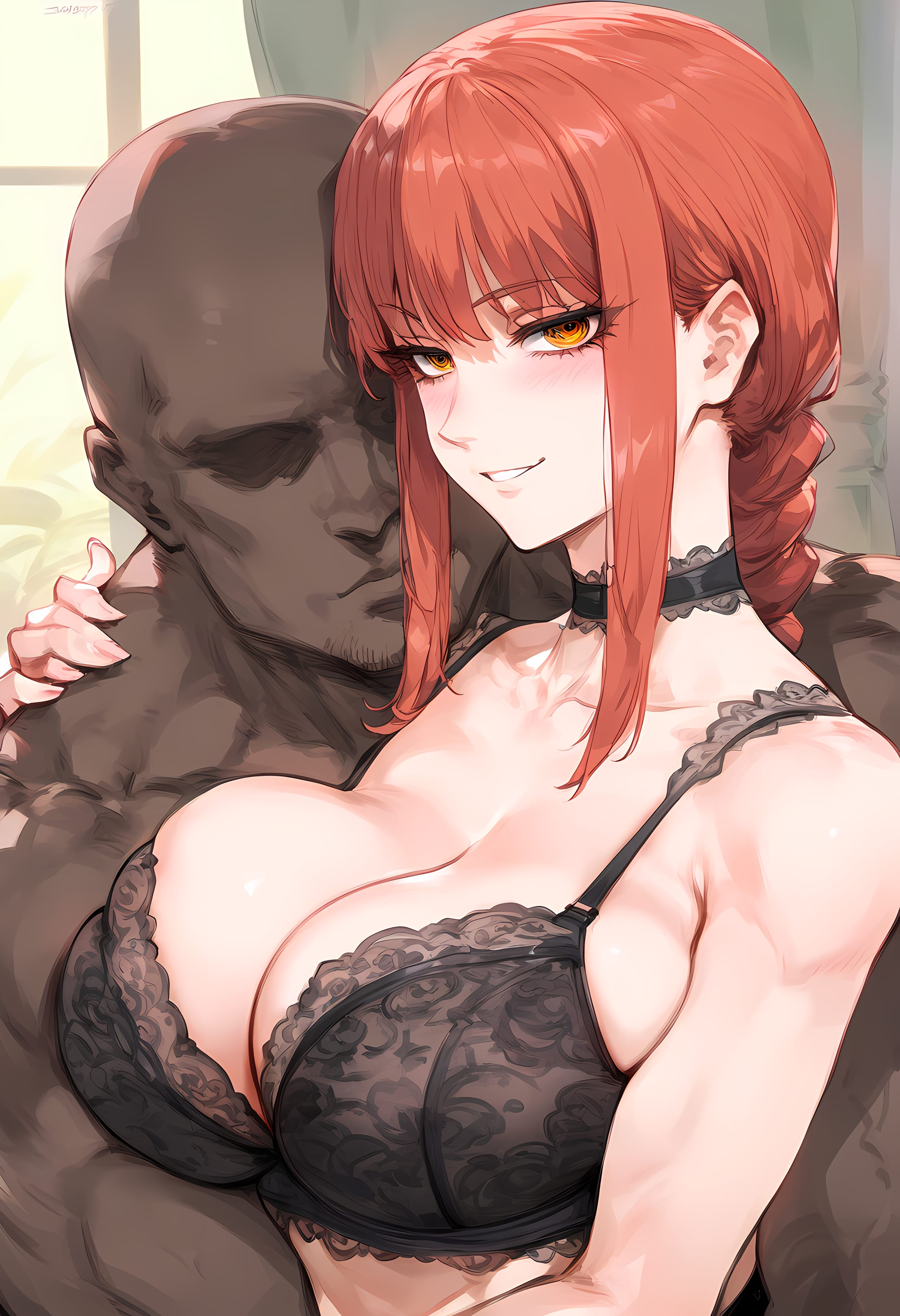 1boy, 1girls, ai generated, bald, bangs, bare shoulders, black bra, black choker, black underwear, blush, bra, braid, braided ponytail, breasts, chainsaw man, choker, clavicle, cleavage, clothing, completely nude, curvaceous, curvaceous female, curvaceous figure, curvy, curvy figure, dark skin, dark-skinned male, faceless, faceless male, female, female focus, huge breasts, interracial, large breasts, long hair, looking at viewer, makima (chainsaw man), male, mommy, nakatori, nude, pantsu, parted lips, red hair, sidelocks, smile, straight, tied hair, underwear, upper body, voluptuous, voluptuous female, window, yellow eyes