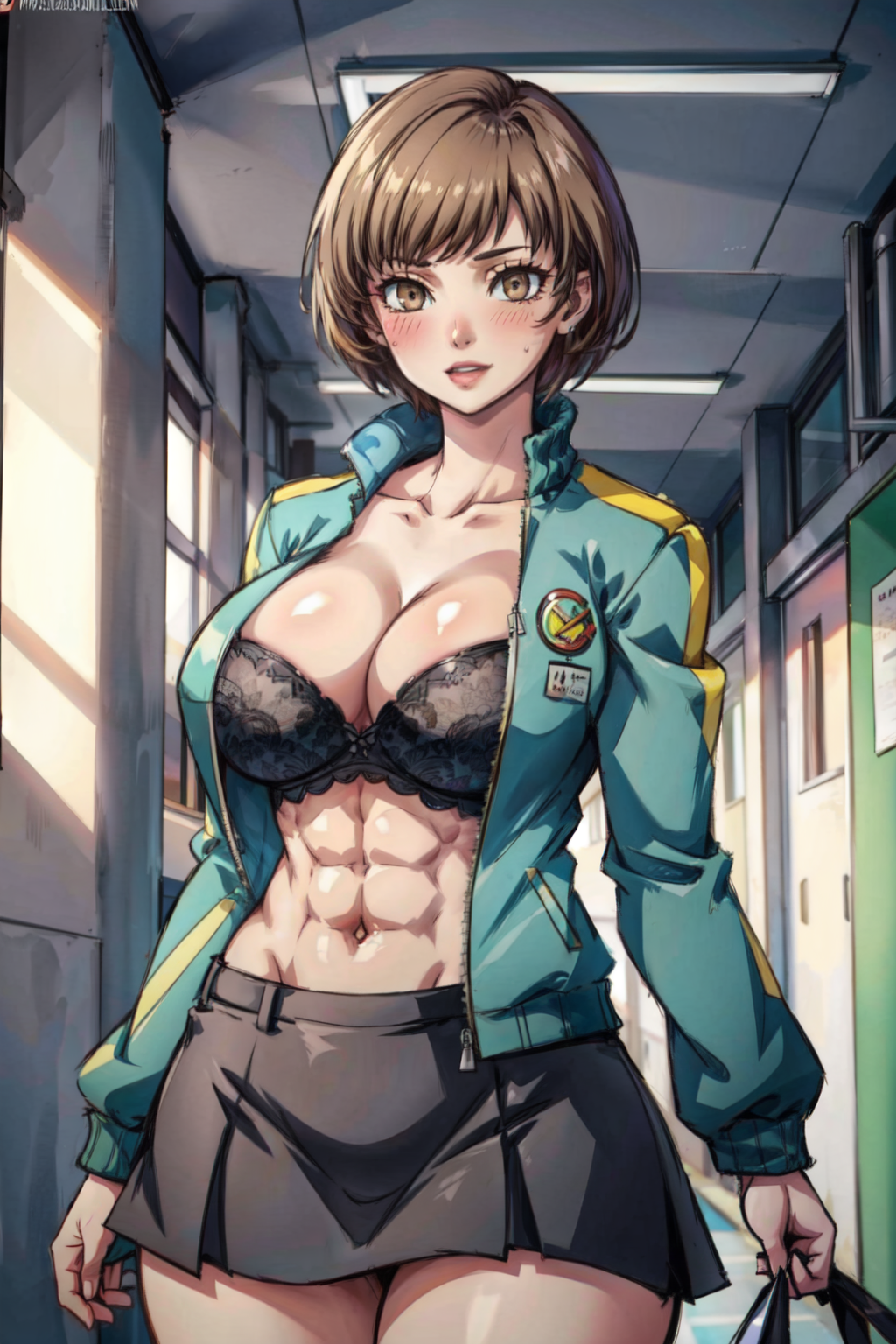 1girls abs ai_generated blush brown_eyes brown_hair busty_buff female female_only green_jacket hallway holding_bag holding_object indoors inside jacket midriff muscular muscular_female navel open_clothes open_jacket parted_lips persona persona_4 persona_4_arena pleated_skirt satonaka_chie short_hair short_skirt skirt smile solo solo_female stable_diffusion standing sweatdrop tampopo toned toned_female