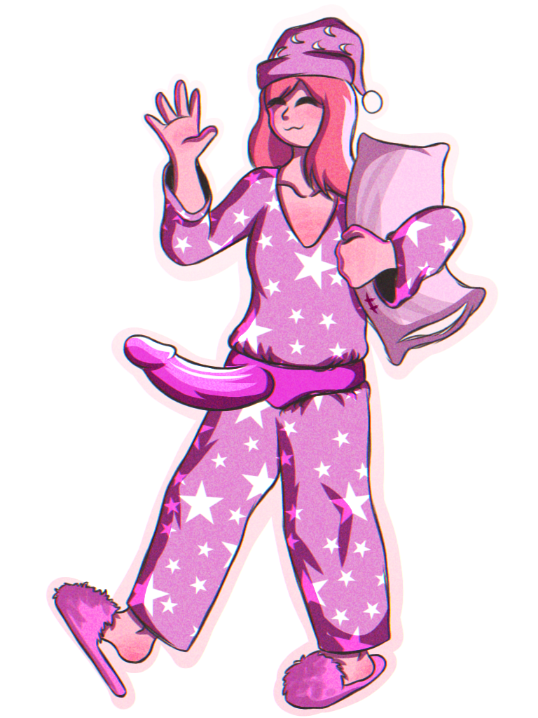 agente_shuffle based_on_a_real_person closed_eyes feet night_gown pillow pink_clothes pink_clothing pink_dildo pink_hair pink_outline pink_skin sleeping_hat sleepy slippers smile smiling star_pattern strap-on transparent_background tsuki_starshines waving waving_at_viewer