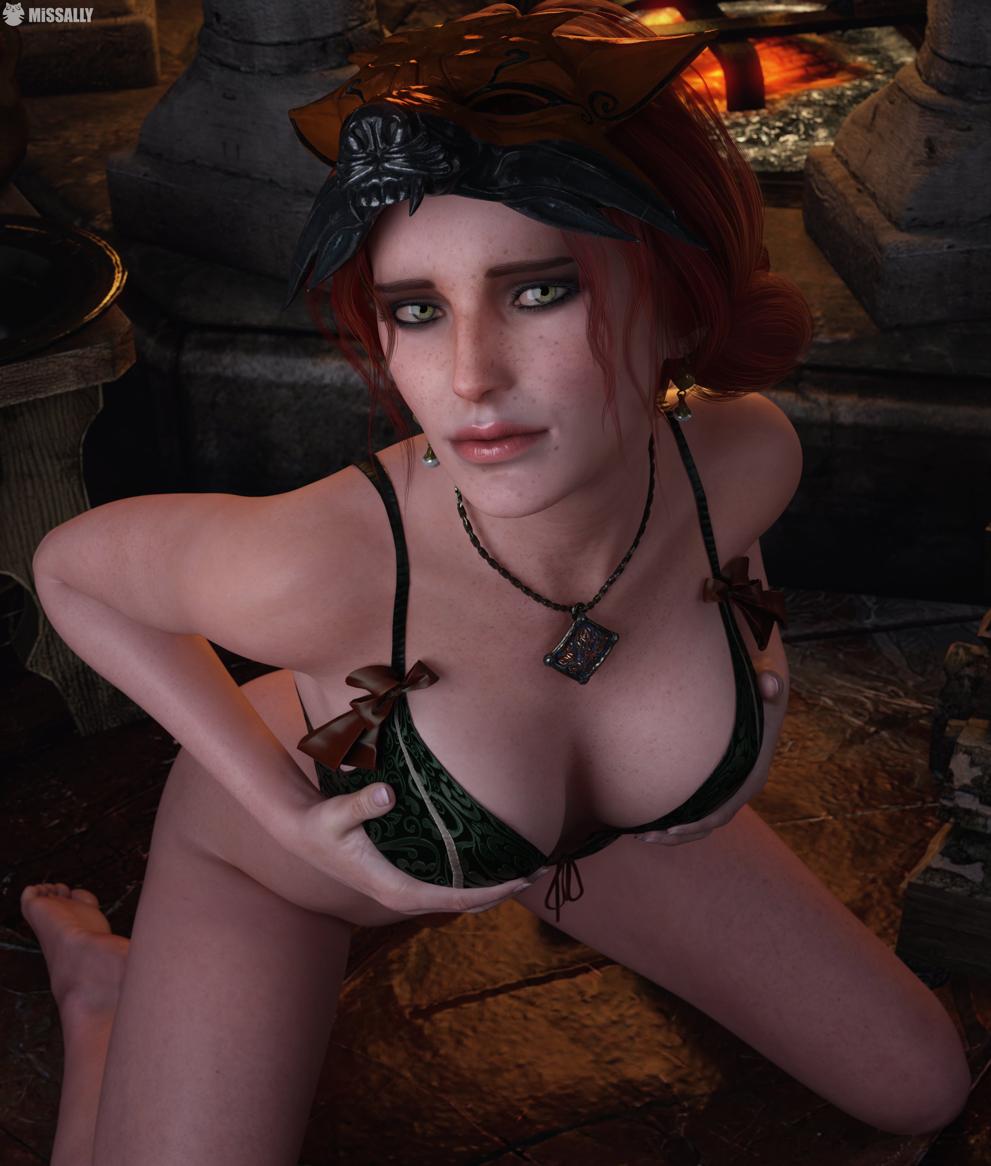 1girls, 3d, breasts, female, female focus, female only, freckles, holding breast, light skin, light-skinned female, looking at viewer, missally, red hair, solo, the witcher (series), the witcher 3: wild hunt, triss merigold, underwear
