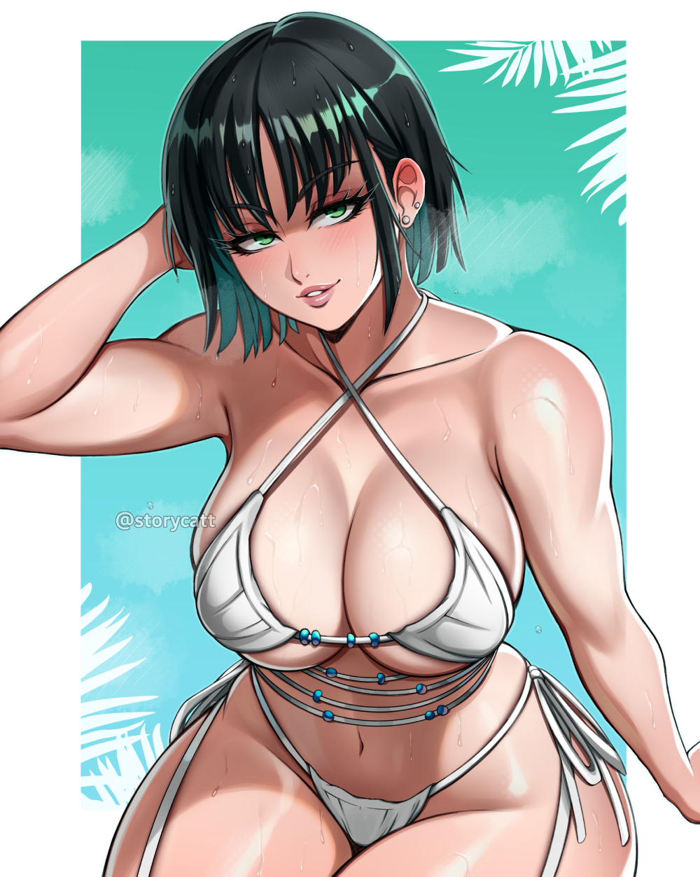 1girls, alternate version available, big breasts, bikini, bikini bottom, bikini top, bottomwear, breasts, cleavage, dark green hair, ear piercing, earrings, female, female only, fubuki (one-punch man), hair, hand behind head, huge breasts, lips, one-punch man, short hair, smile, solo, solo female, steam, storycatt, sweat, sweatdrop, swimwear, thick thighs, thighs, topwear, white bikini