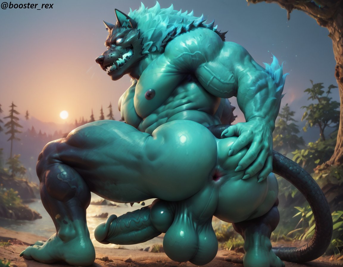 1boy abs ai_generated anthro anus ass ass_focus balls bara big_ass big_balls big_muscles big_nipples big_pecs big_penis booster_rex canine cerberus cerberus_(fortnite) daddy dilf domestic_dog erect_nipples erection fortnite gay green_body hellhound huge_balls huge_cock huge_muscles huge_nipples huge_pecs hunk male male_only monster muscular muscular_anthro muscular_male nipple_suck nipples nude penis purple_body solo water