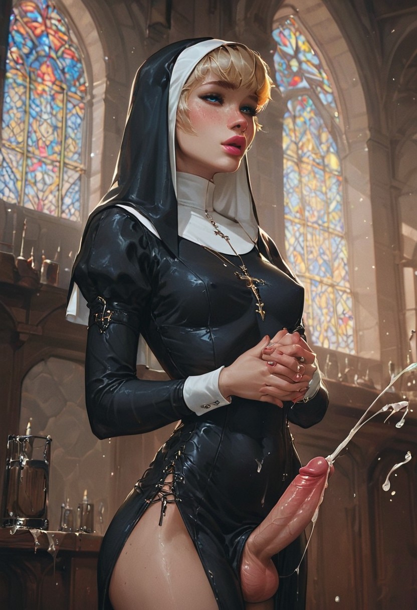 ai generated, blonde hair, blue eyes, church, clothed, cum, cumming, dickgirl, erect nipples, erect penis, futanari, intersex, nipples, nun, penis, pony diffusion xl, short hair