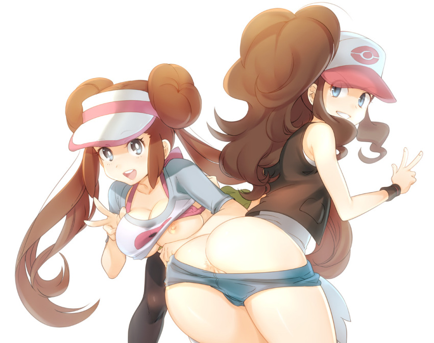 2girls alternate_breast_size ass baseball_cap big_breasts blue_eyes breasts brown_hair bubble_butt cleavage female_only hair_bun hat hilda_(pokemon) hotpants human human_only large_breasts long_hair multiple_girls naso4 nintendo nipples open_mouth pantyhose peace_sign pokemon ponytail rosa_(pokemon) shorts smile tied_hair twintails