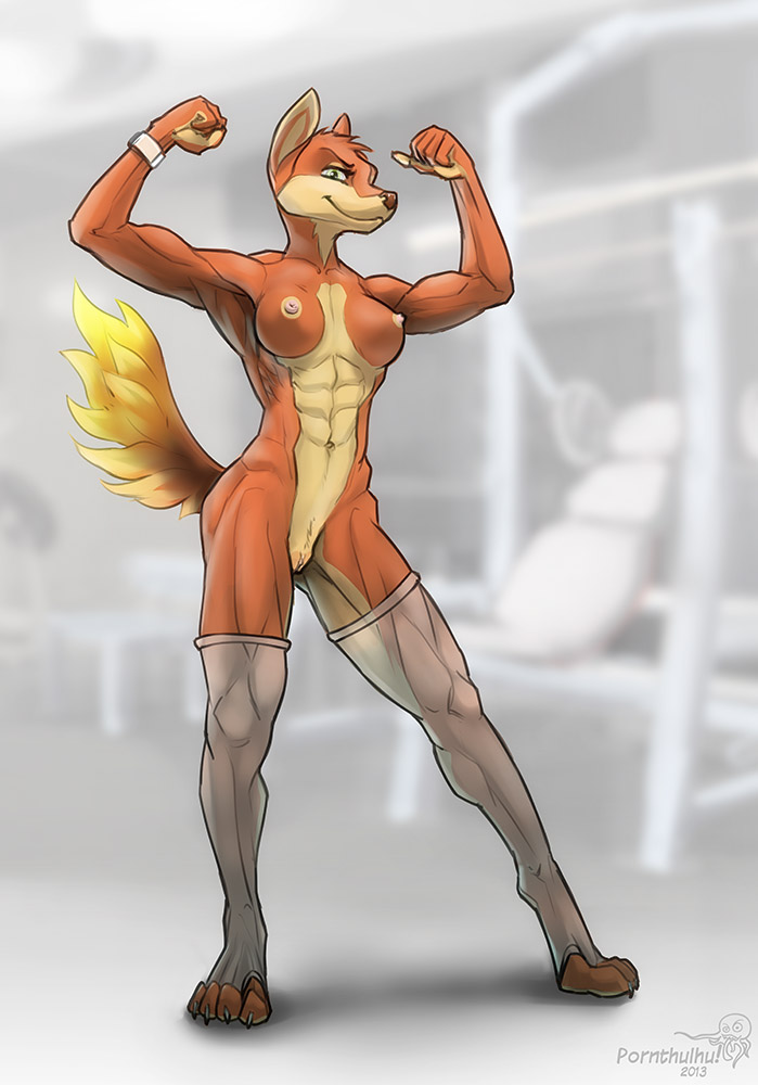 abs anthro biceps breasts canine claws female female_only firefox flexing fox fur furry hybrid leggings muscles muscular_female navel nipples nude pornthulhu pose presenting pussy smile solo standing stockings