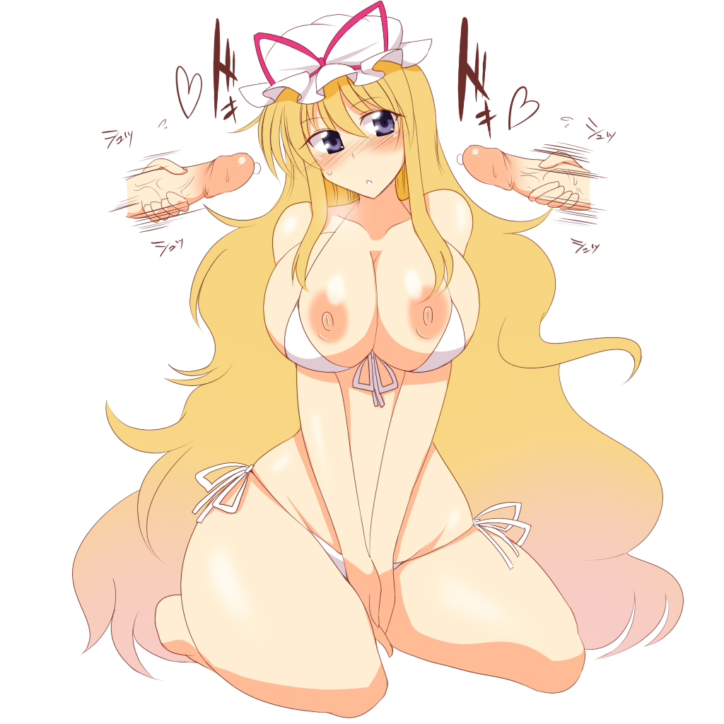 areolae bikini blonde_hair breasts curvy female gradient_hair huge_breasts kneeling long_hair masturbation multiple_penises nipple_slip nipples penis precum purple_eyes simple_background solo_focus swimsuit touhou uncensored very_long_hair wedge white_background wide_hips yukari_yakumo