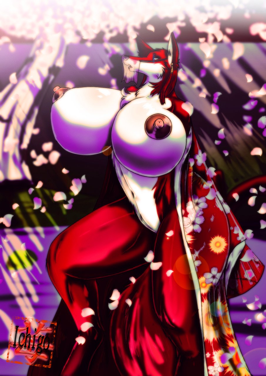 2013 anthro areola big_breasts breasts canine cherry_blossom chest_tuft cleavage clothing detailed_background erect_nipples female fox fur hair half-closed_eyes huge_breasts ichigo navel nipples open_mouth petals red_fur silk solo thick_thighs thighs tuft xtrent968