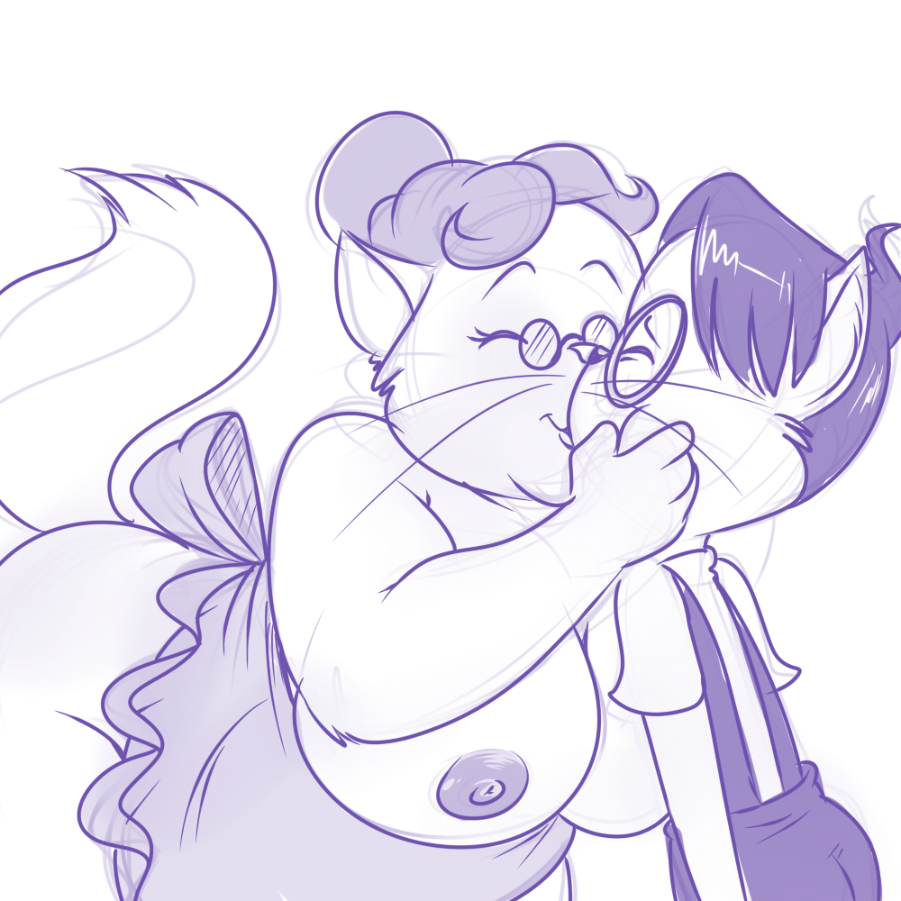 anthromorph apron aunt_polly breasts character_request chubby closed_eyes copyright_request feline female furry hair_bun kissing large_breasts lonbluewolf male monochrome no_humans tom_sawyer_(2000_film) uncensored