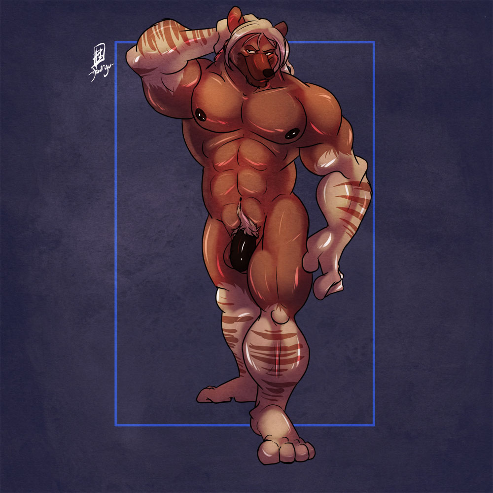 abs balls biceps black_penis brown_hyena donryu flaccid humanoid_penis hyena khenti_(character) looking_at_viewer male male_only nude penis pinup pose pubes solo