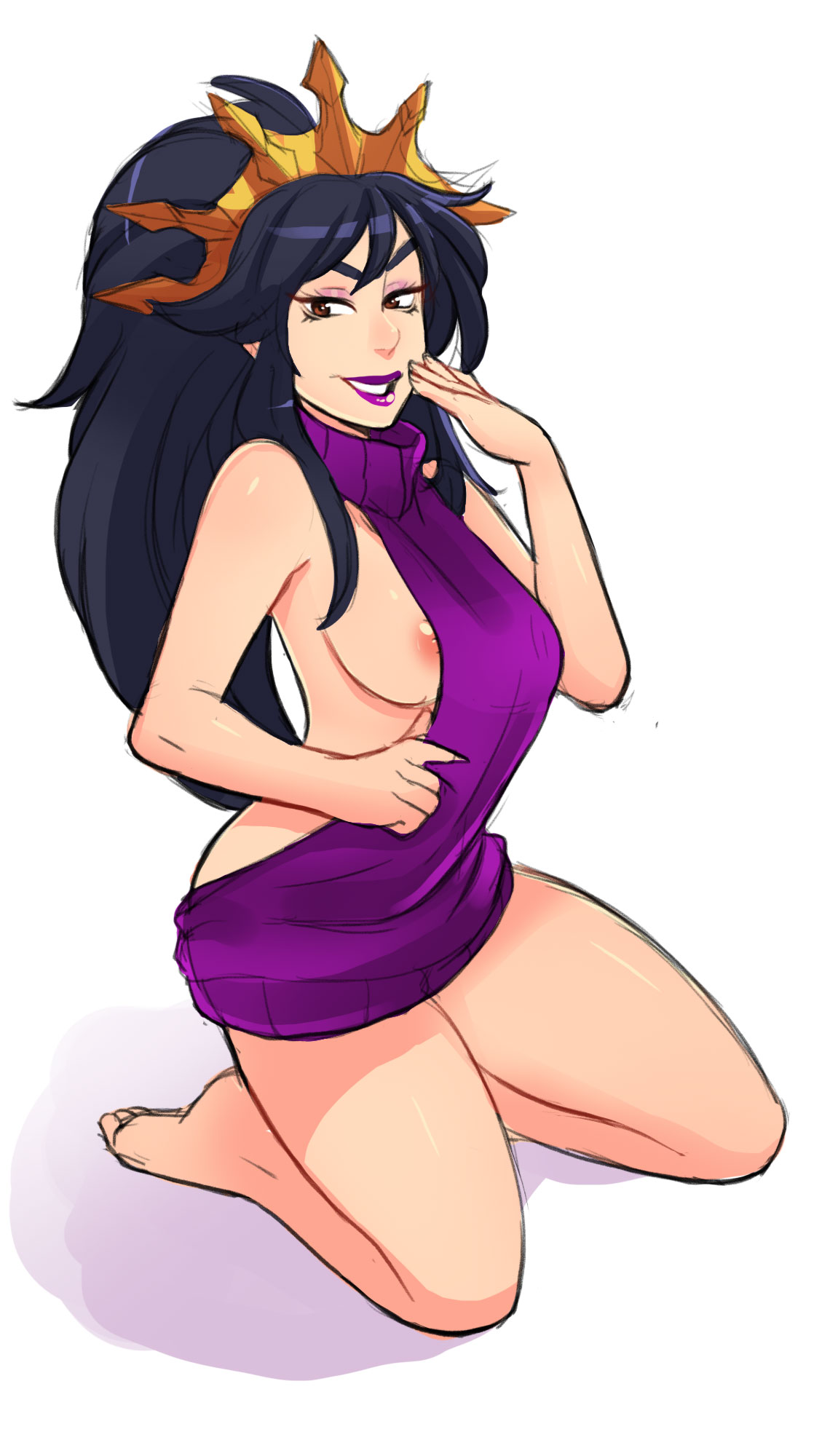 barefoot, black hair, breasts, brown eyes, diablo, diablo 3, eyeshadow, female, greenmarine, headgear, heroes of the storm, highres, kneeling, li-ming, lipstick, long hair, looking at viewer, makeup, nipples, sketch, smile, solo, sweater, virgin killer sweater