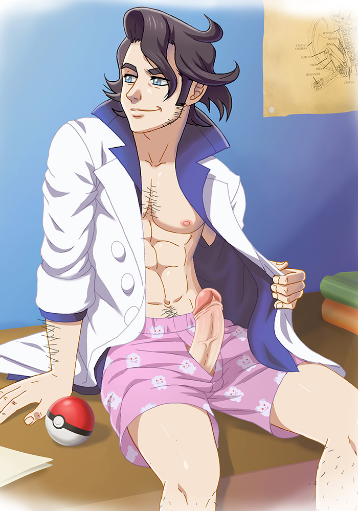 1boy, abs, artist request, black hair, blue eyes, boxers, erection, game freak, labcoat, male, male only, nintendo, penis, pokeball, pokemon, pokemon xy, professor sycamore, unbuttoned shirt, uncensored, underwear, unknown artist