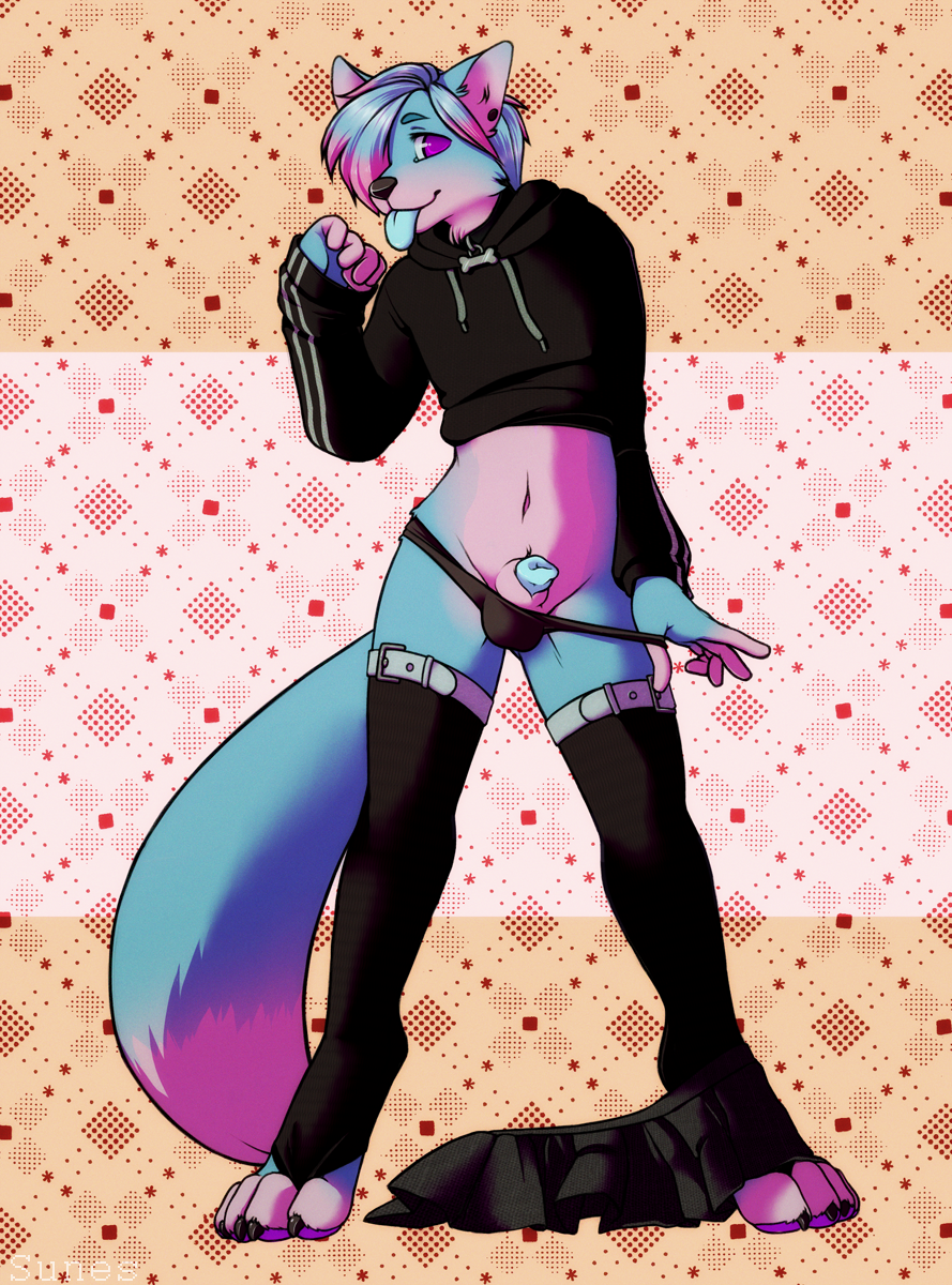 2013 4_toes 5_fingers anthro black_nose blue_fur blue_hair blue_tongue bottomless canine canine_penis catflower claws clothes collar color crossdressing cute digitigrade ear_piercing femboy fox front_view fur furry furry_ears furry_tail hair hair_over_eye hoodie looking_at_viewer male male_only multicolored_hair navel open_eyes panty_pull paws penis penis_tip piercing pink_fur pink_hair pointy_ears pose presenting purple_eyes sheath short_hair skirt solo standing stockings tail tongue tongue_out underwear