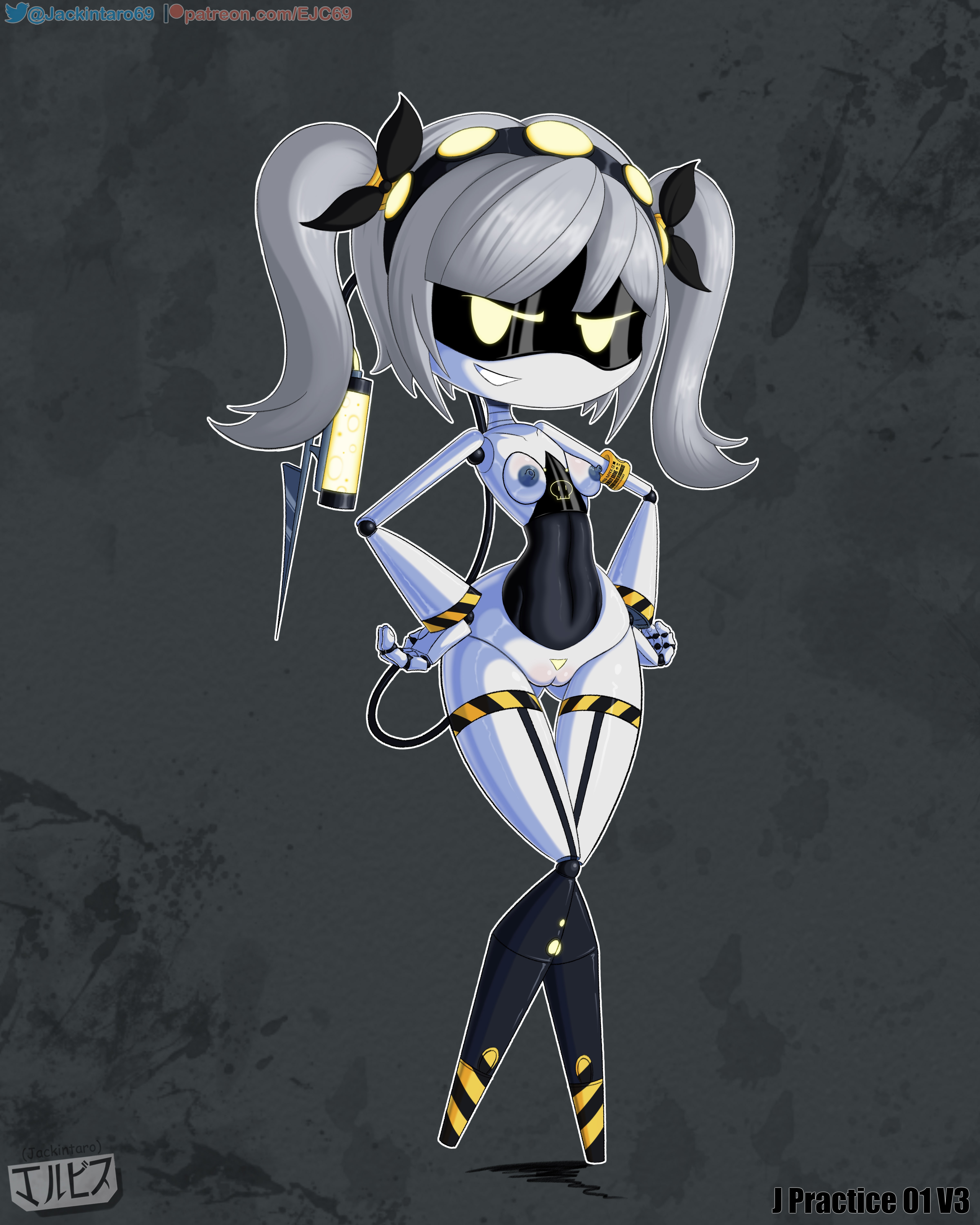 accurate art style, breasts, digital media (artwork), disassembly drone, fanart, female, female only, glitch productions, grey hair, j (murder drones), jackintaro, looking at viewer, murder drones, nipples, nude, ribbons, robot, robot girl, simple background, smile, solo, twintails, yellow eyes