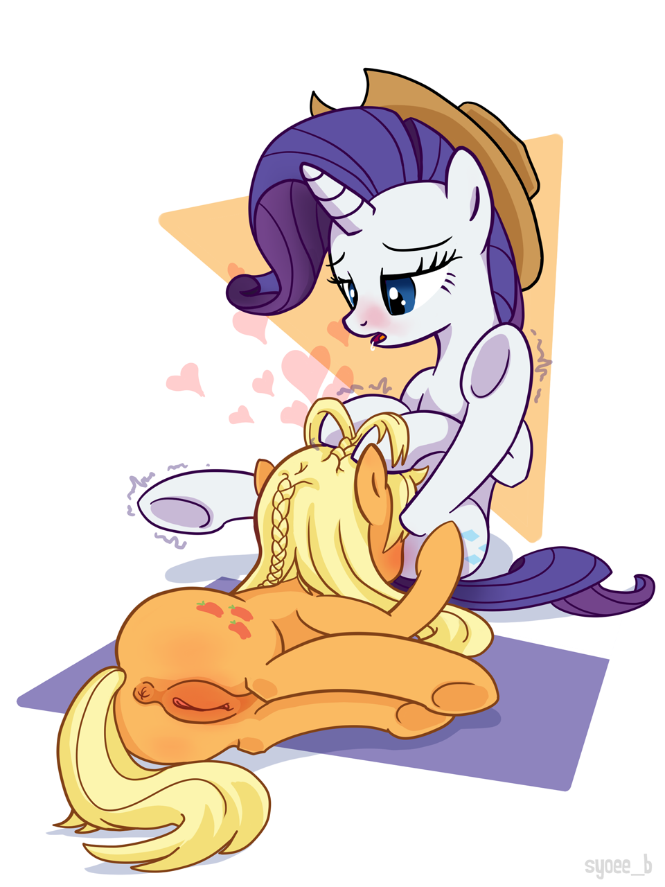 2013 anus applejack_(mlp) blonde_hair blue_eyes blush cowboy_hat cunnilingus cutie_mark duo equine female feral friendship_is_magic hair hat heart horn horse lying my_little_pony on_side oral oral_sex orange_fur pony purple_hair pussy rarity_(mlp) saliva sex sitting spread_legs spreading syoee_b unicorn white_fur yuri