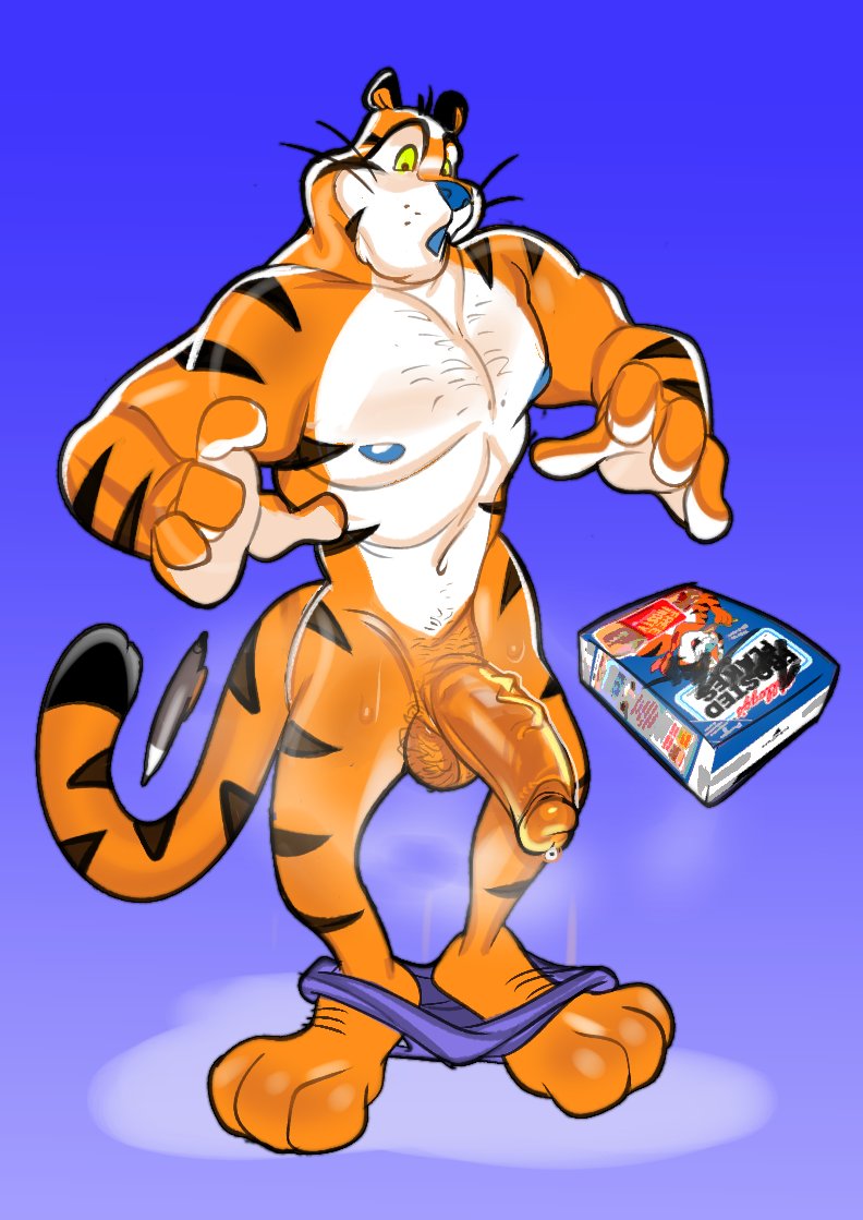 2023 3_toes anthro balls biceps biped black_tail blue_background blue_nose bodily_fluids body_hair bottomwear cereal_box cereal_mascot chest_hair clothing digital_media_(artwork) english_text feet felid frosted_flakes fur genital_fluids genitals glans gradient_background hairy_balls half-erect humanoid_genitalia humanoid_penis kellogg's long_tail looking_down male mammal markings mascot muscular muscular_anthro muscular_male navel nude open_mouth orange_balls orange_body orange_fur orange_penis orange_tail pantherine pen penis precum pubes purple_bottomwear purple_clothing purple_shorts shorts simple_background solo standing striped_body striped_fur striped_markings striped_tail stripes submarine_screw surprised tail tail_markings text tiger toes tony_the_tiger toony vein veiny_penis white_body white_fur yellow_sclera