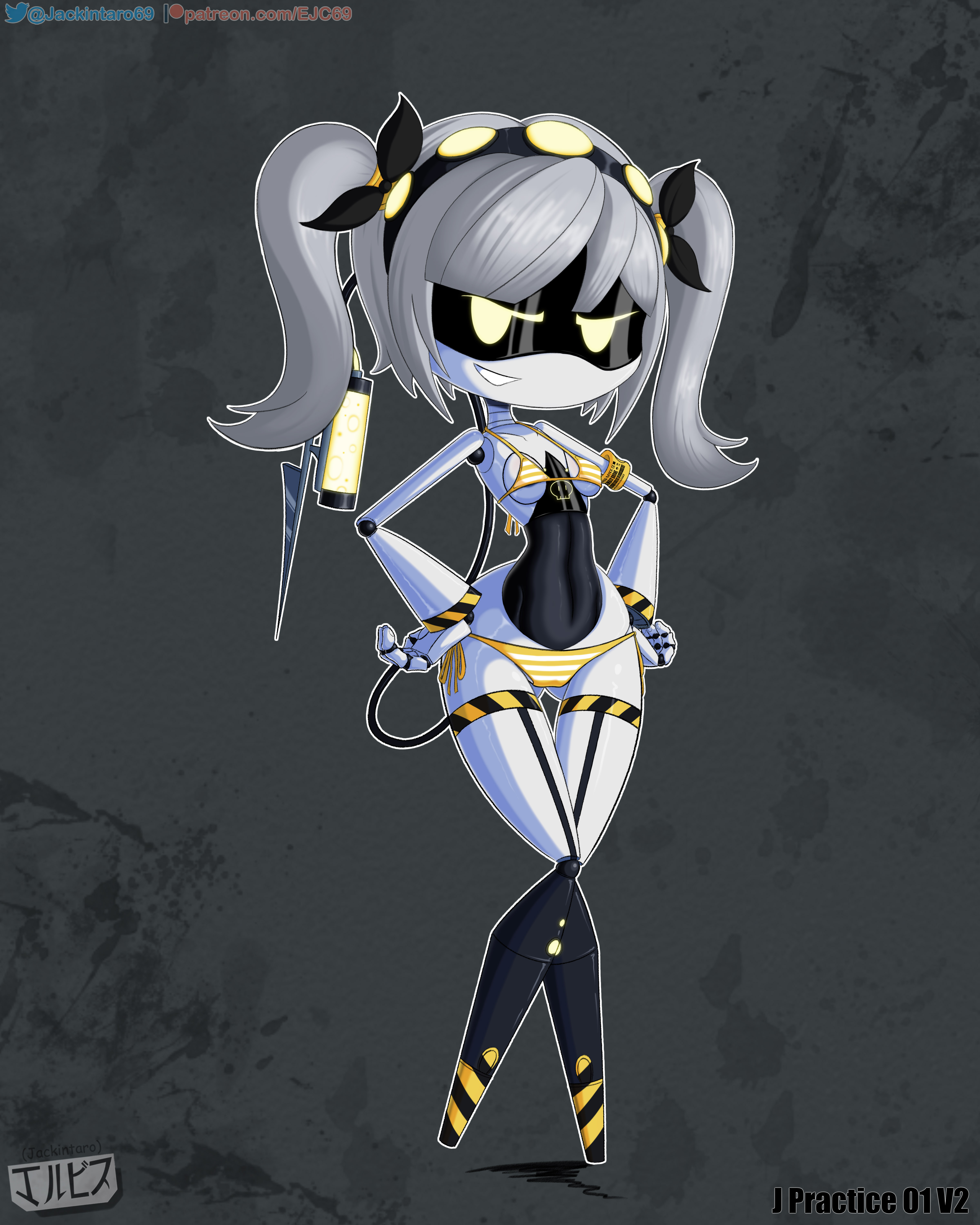 accurate art style, bikini, digital media (artwork), disassembly drone, fanart, female, female only, glitch productions, grey hair, j (murder drones), jackintaro, looking at viewer, murder drones, ribbons, robot, robot girl, side-tie bikini, side-tie panties, simple background, smile, solo, twintails, yellow eyes