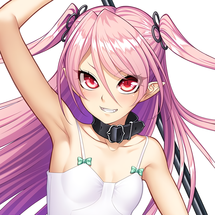 armpits bare_shoulders choker color dress eyebrows_visible_through_hair felicia_(taimanin_kurenai) female female_focus female_only flat_chest game_cg hair_between_eyes hair_ornament leather_choker leather_collar long_hair looking_at_viewer pink_hair pointy_ears red_eyes short_eyebrows skinny skinny_female skinny_girl sleeveless sleeveless_dress small_breasts small_eyebrows smile smiling smiling_at_viewer taimanin_(series) taimanin_rpgx teeth teeth_showing twintails upper_body vampire vampire_girl vampire_teeth weapon white_background white_dress zol