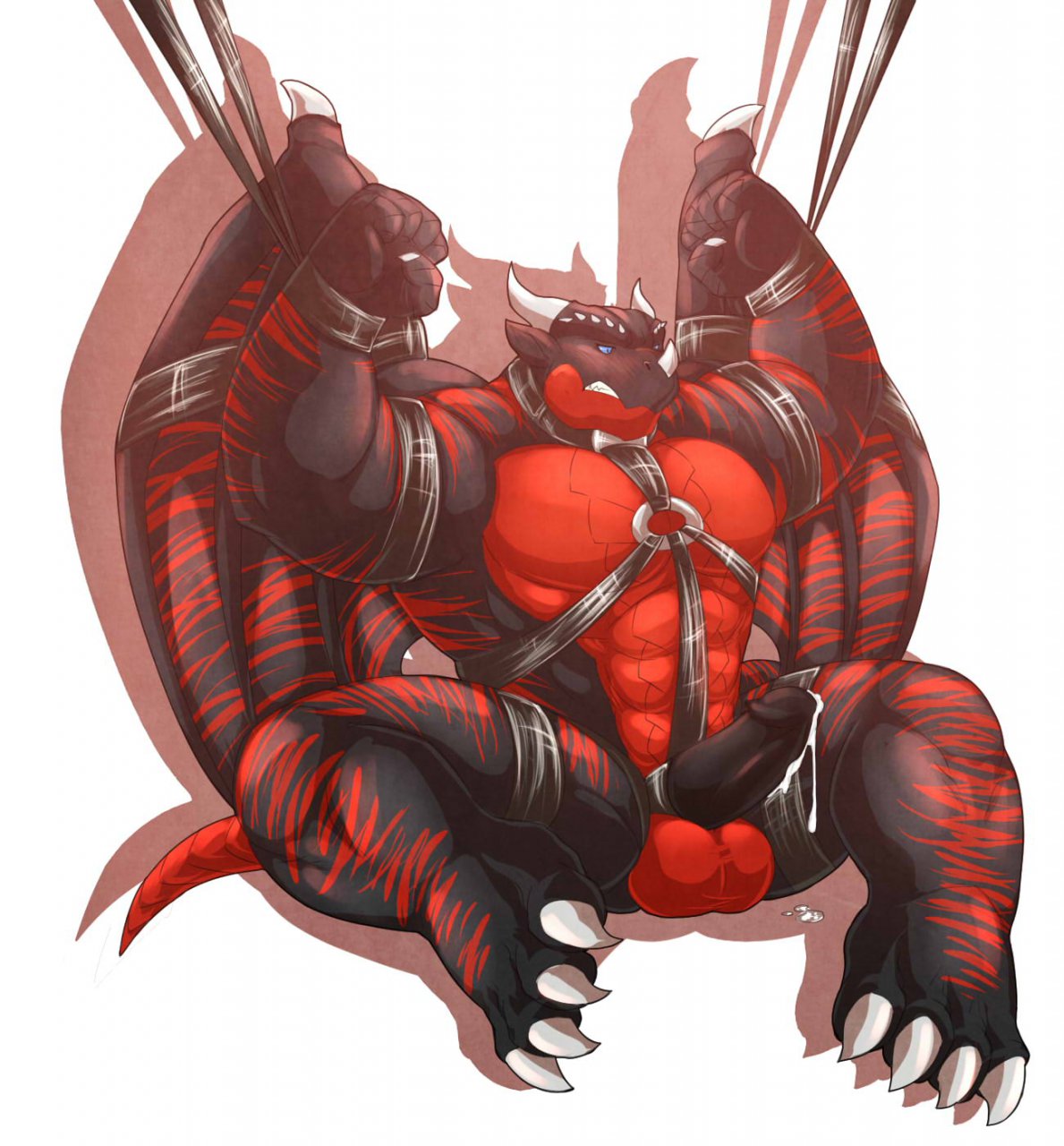 2013 abs arkanian balls biceps big_muscles big_penis black_dragon bondage bound cock_ring cum dragon erection harness horn humanoid_penis male male_only muscles nude penis rikitsu scalie solo wings