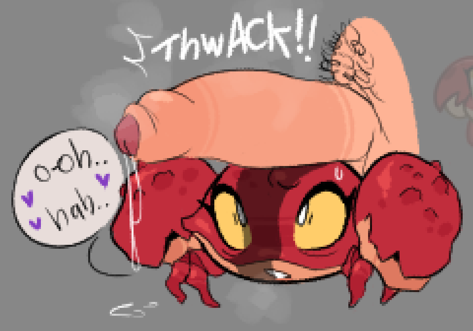 1boy 1girls animal breath crab crab_shantae crustacean female foreskin hearts_around_text large_penis male penis penis_resting_on_face penis_shadow precum pubic_hair scared_expression shantae shantae_(character) sleepyslut steaming_body sweatdrop text_bubble transformation wayforward white_skin