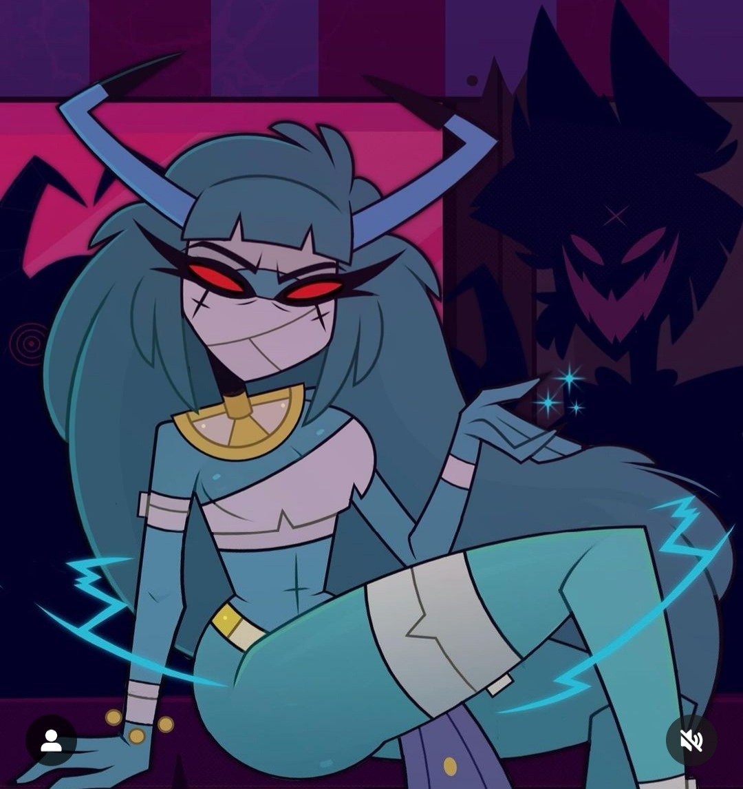1girls, alastor (hazbin hotel), andrewartwork, background character, cleo hazbin hotel (mummy girl), cleopatra (hazbin hotel), creepy smile, crossed legs, egyptian, egyptian female, female, female focus, hazbin hotel, horns, long hair, looking at viewer, magic, mummy, mummy costume, posing for the viewer, public, red eyes, shadow, tagme, vivienne medrano