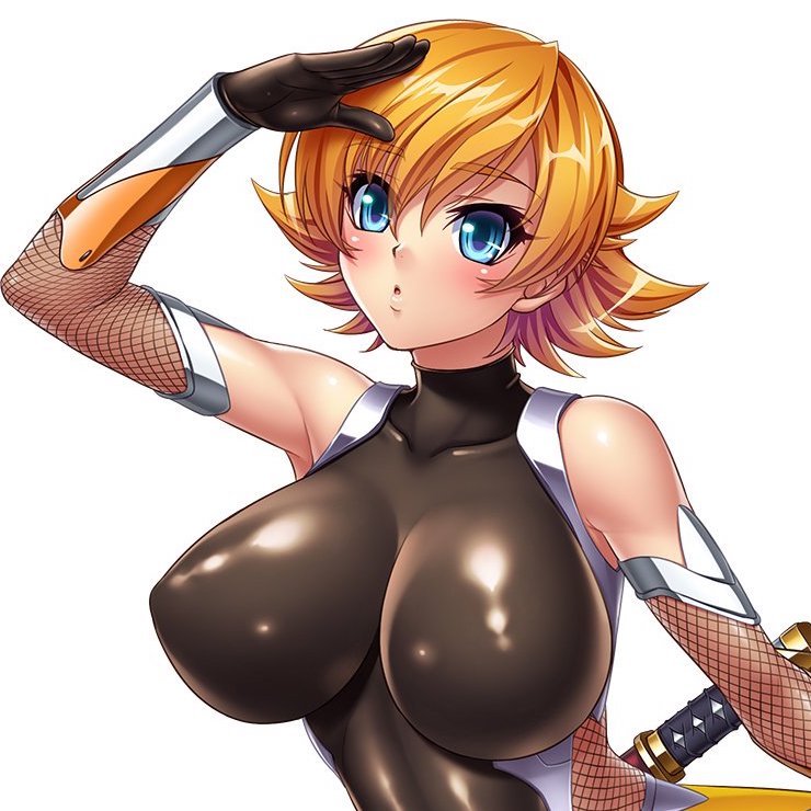 bangs bare_shoulders battle_suit battlesuit big_breasts blonde_hair blue_eyes bodysuit brown_bodysuit color eyebrows_visible_through_hair female female_focus female_only fishnet_gloves game_cg gauntlets hair_between_eyes igawa_sakura kagami_hirotaka katana looking_at_viewer open_mouth shiny_bodysuit short_hair sleeveless sleeveless_bodysuit spiked_hair taimanin_(series) taimanin_rpgx taimanin_suit tight_bodysuit tight_clothing upper_body white_background