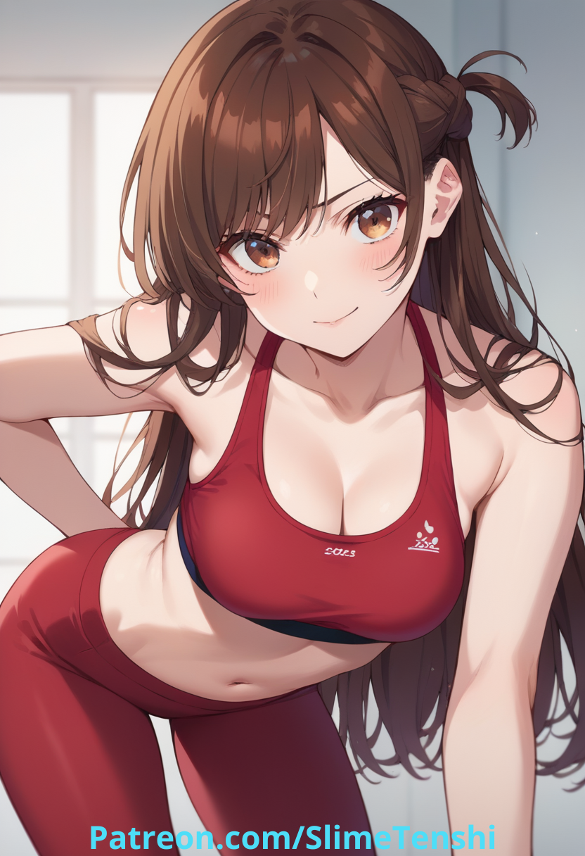 ai_generated bent_over blush blushing_at_viewer bra brown_eyes brown_hair cleavage kanojo_okarishimasu leggings long_hair looking_at_viewer medium_breasts mizuhara_chizuru posing posing_for_the_viewer red red_leggings red_legwear red_outfit red_tights slimetenshi sports_bra