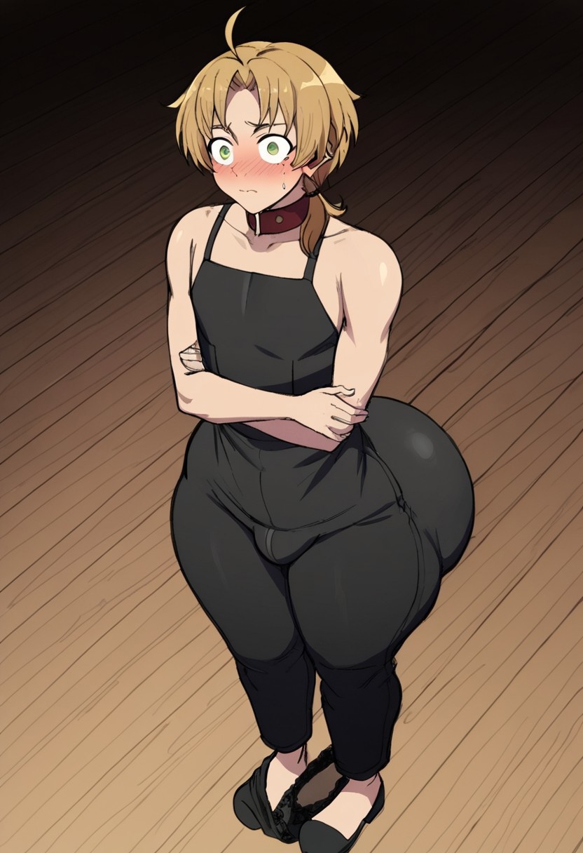 1boy 1male ahoge ai_generated ass_visible_from_the_front bangs big_ass big_butt black_clothing blackwhiplash_(style) blonde_hair blush civitai collar embarrassed femboy feminine_male front_view green_eyes huge_ass male male_focus male_only mushoku_tensei overalls ponytail rudeus_greyrat small_bulge small_penis thick_thighs worried worried_expression