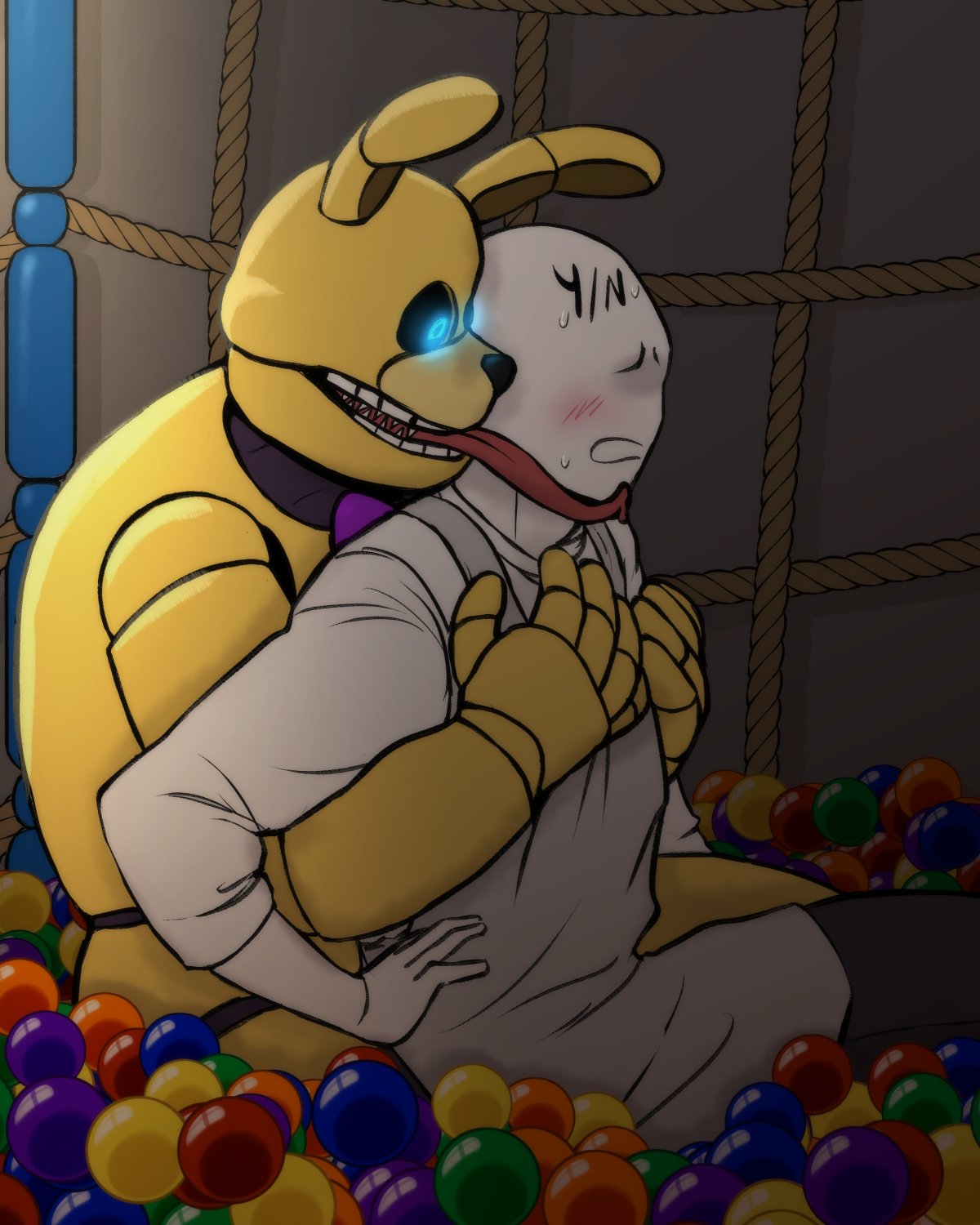 2024 animatronic anon anthro anthro_penetrating_human ball_pit blue_eyes bunny bunny_ears dubious_consent fazbear_frights five_nights_at_freddy's fnaf gay glowing_eyes hands_on_chest holding_from_behind into_the_pit lagomorph lagomorph_humanoid leporid leporid_humanoid licking licking_face long_tongue pit_spring_bonnie_(fnafitp) rabbit rabbit_humanoid scottgames spaceandroids spring_bonnie spring_bonnie_(fnaf) tongue tongue_out touching_chest worried y/n yellow_body