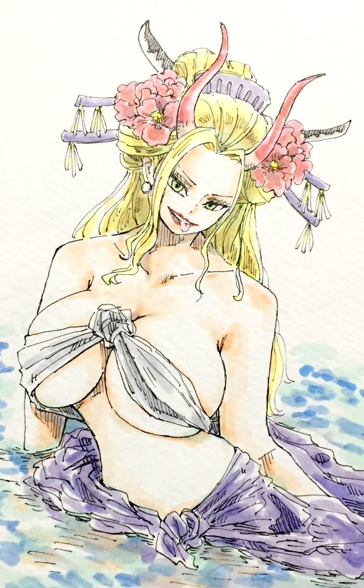 beast_pirates big_breasts black_maria blonde_hair breasts female female_only geisha green_eyes horns huge_breasts large_breasts nihongami oiran one_piece puipui tongue_out wano_country