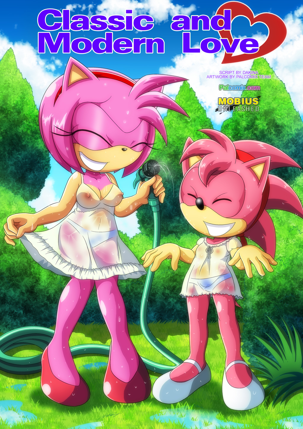 2girls age_difference amy_rose anthro bbmbbf breasts classic_amy_rose classic_and_modern_love_(comic) clenched_teeth closed_eyes comic cover_page cub doujin_cover female female_focus female_only flat_chest furry furry_female garden hose hose_nozzle mobian_(species) mobius_unleashed nature nipples nipples_visible_through_clothing palcomix panties pink_fur sega shoes sky sonic_(series) sonic_team sonic_the_hedgehog_(series) transparent_clothes water wet wet_clothes