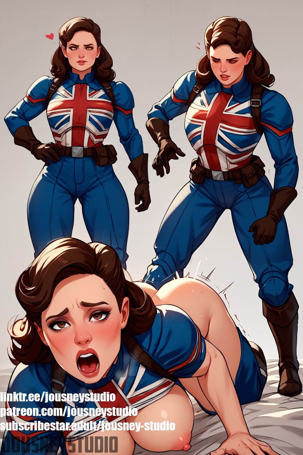 1boy ai-created ai_generated american_flag ass bed_sheet belt blue_pants blush boots breasts brown_eyes brown_gloves brown_hair captain_carter clothing collage curly_hair english_language english_text female flag_print footwear full_body gloves heart heart-shaped_pupils jousneystudio large_breasts lips long_hair looking_at_viewer male medium_breasts medium_hair multiple_views nipples no_bra nose nose_blush open_mouth pants sex shirt symbol-shaped_pupils text thick_thighs thighs utility_belt what_if...?