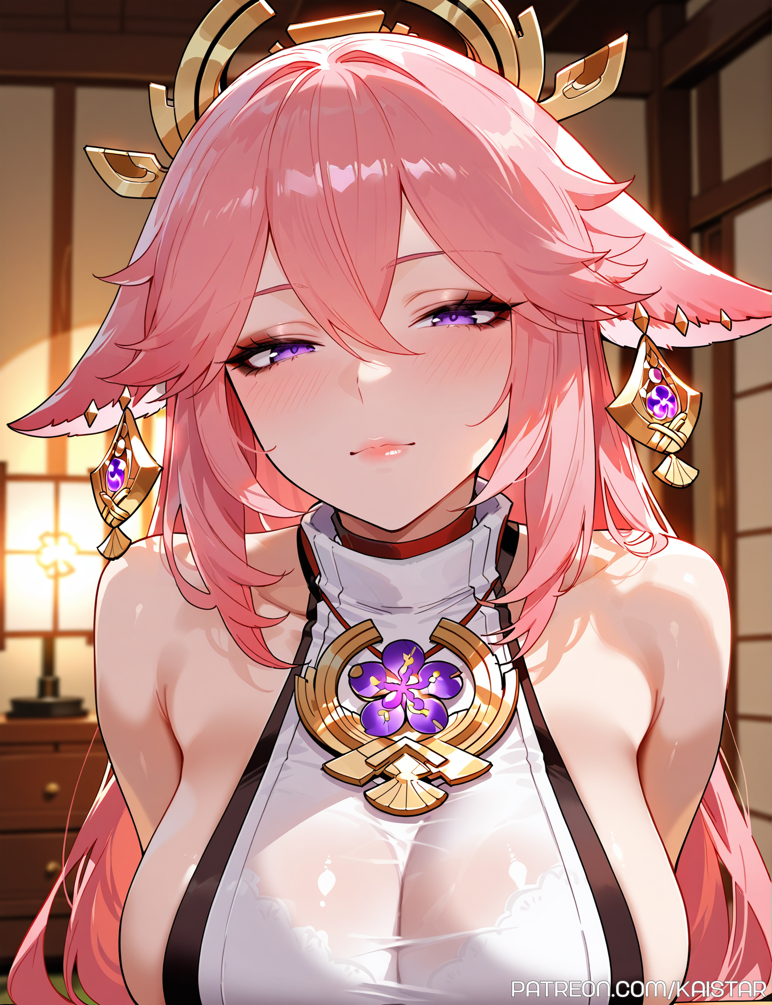 1girls, ai generated, big breasts, breasts, earrings, female, female only, fox ears, fox girl, genshin impact, huge boobs, huge breasts, kaistar, large boobs, large breasts, light skin, light-skinned female, looking at viewer, patreon, pink hair, purple eyes, solo, solo female, solo focus, yae miko, yae miko (genshin impact)
