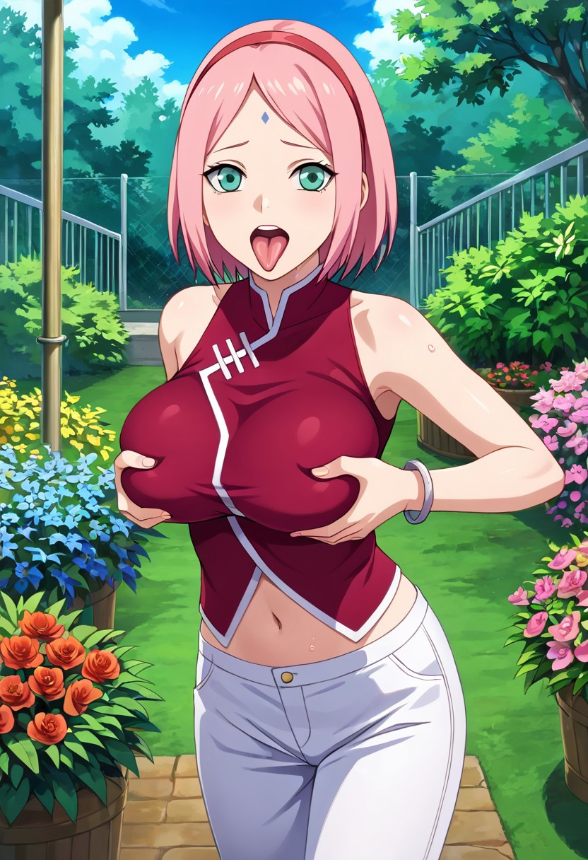 1girls ai_generated arms_on_breasts bob_cut boruto:_naruto_next_generations breast_grab civitai female female_only forehead_mark grabbing_own_breast green_eyes human large_breasts naruto naruto_(series) open_mouth pink_hair sakura_haruno solo tongue_out