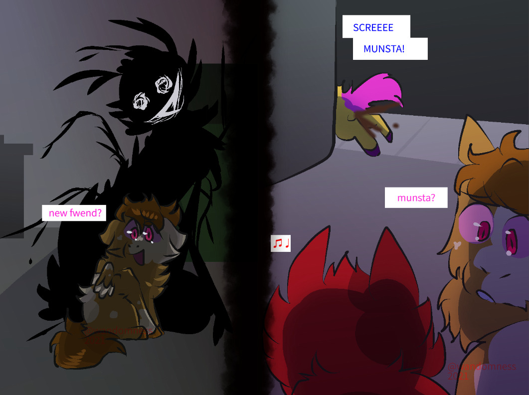 2021 2_panel_comic alley ambiguous_gender baby_talk blue_text brown_body brown_feathers brown_fur brown_hooves brown_mane brown_tail cel_shading comic detailed_background dialogue digital_drawing_(artwork) digital_media_(artwork) dumpster english_text feathered_wings feathers feces feral fluffy_pony fluffy_pony_(species) fur group hooves horror_(theme) jellenheimer mammal mane musical_note musical_symbol open_mouth open_smile outside pink_tail pink_text purple_hooves purple_sclera red_body red_eyes red_fur running scat shaded shadow_creature sidewalk sitting small_wings smile symbol tail talking_feral text trash_can unguligrade wandomness watermark wings yellow_body yellow_fur