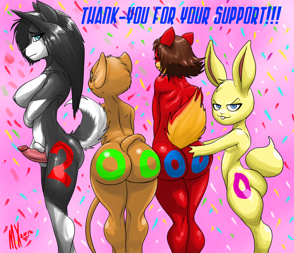 2013 anthro areola ass big_breasts big_butt blue_eyes breasts canine color dickgirl english_text erect_nipples erection female fur furry furry_only intersex lagomorph looking_at_viewer looking_back monkeyxflash mouse nipples nude penis rabbit rodent smile text thank_you wolf