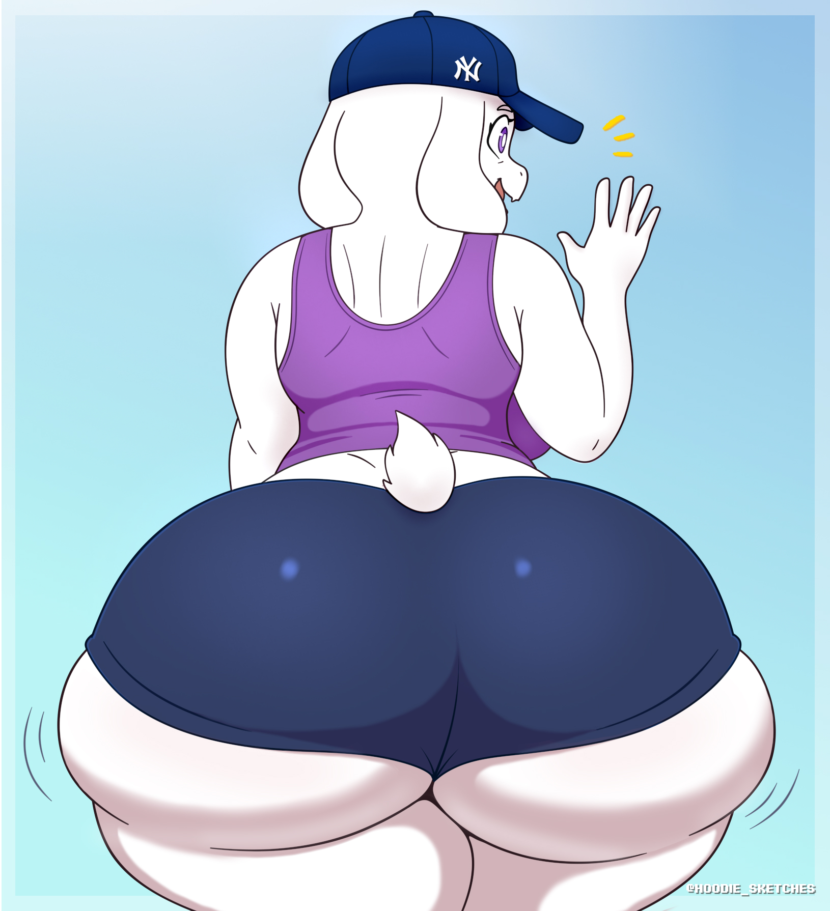 2025, anthro, ass, baseball cap, big ass, big butt, bottomwear, bovid, breasts, caprine, clothed, clothing, curvy figure, cute fangs, fangs, female, fur, gesture, goat, hat, headgear, headwear, hi res, hoodie stalker, huge ass, huge butt, looking at another, mammal, mature female, motion lines, open mouth, purple eyes, rear view, shirt, shorts, side boob, simple background, sky, smile, solo, tail, tank top, teeth, thick thighs, tight clothing, topwear, toriel, undertale, undertale (series), voluptuous, waving, white body, white fur, wide hips