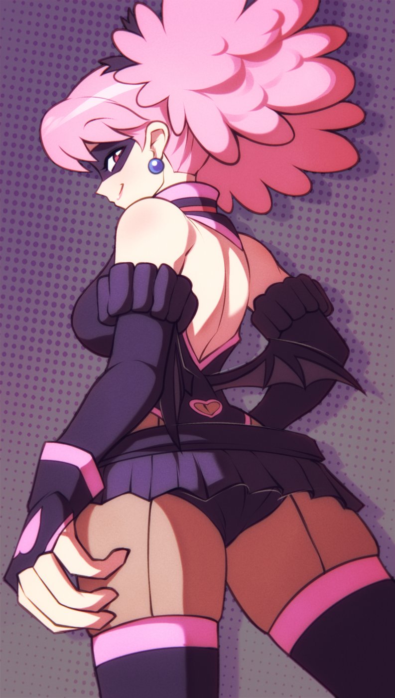 1girls, 2d, accurate art style, ass, bat wings, breasts, curvy, earrings, elbow gloves, female, female only, gloves, halftone, haneyama kazuho, jewelry, kazuho haneyama, looking back, mask, masked, masked female, miniskirt, my hero academia, official style, pink eyes, pink hair, pop step, skirt, solo, superhero costume, superheroine, thighhighs, vigilante: my hero academia illegals, wildblur, wings