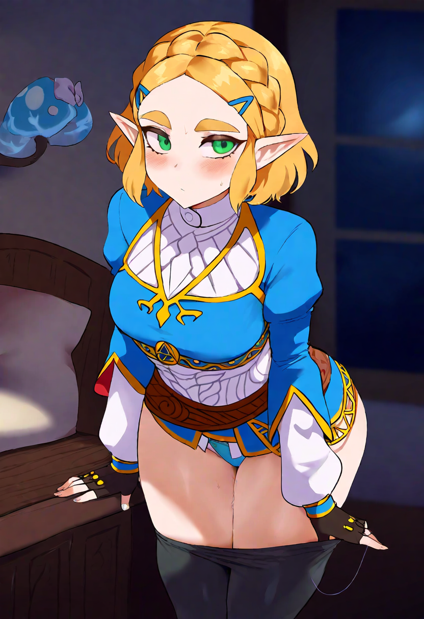 ai_generated bedroom blonde_hair blue_panties blue_shirt elf elf_ears gloves green_eyes leaning_forward looking_at_viewer medium_breasts night pants pants_down pants_pull primosan princess_zelda short_hair standing tears_of_the_kingdom the_legend_of_zelda zelda_(tears_of_the_kingdom)