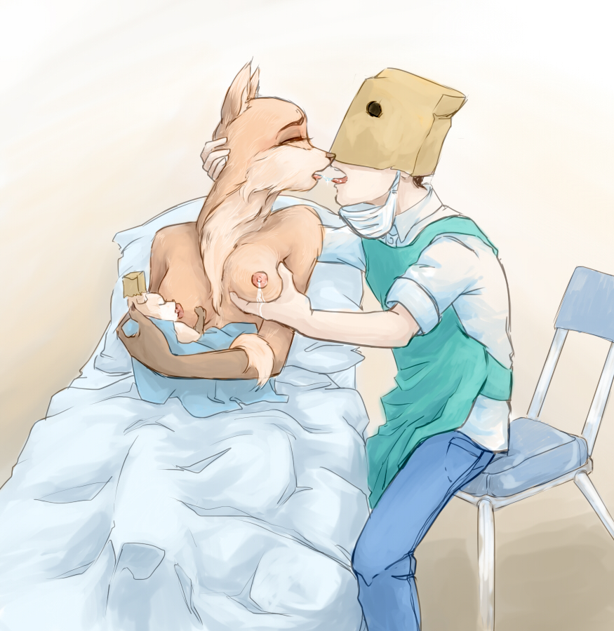 2ch 2ch.so anon anonymous anthro baby breast_grab breastfeeding breasts canine clothing cub dvach extremely_young female fox fur furry human hybrid interspecies kissing lactation milk paper_bag risovach suckling young