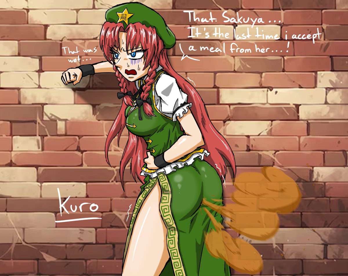 angry big_breasts big_butt brap butt embarrassed eproctophillia fart fart_cloud fart_fetish farting gassy gassy_female holding_stomach hong_meiling kuro_seven7 red_hair sweating thighs touhou wet_fart