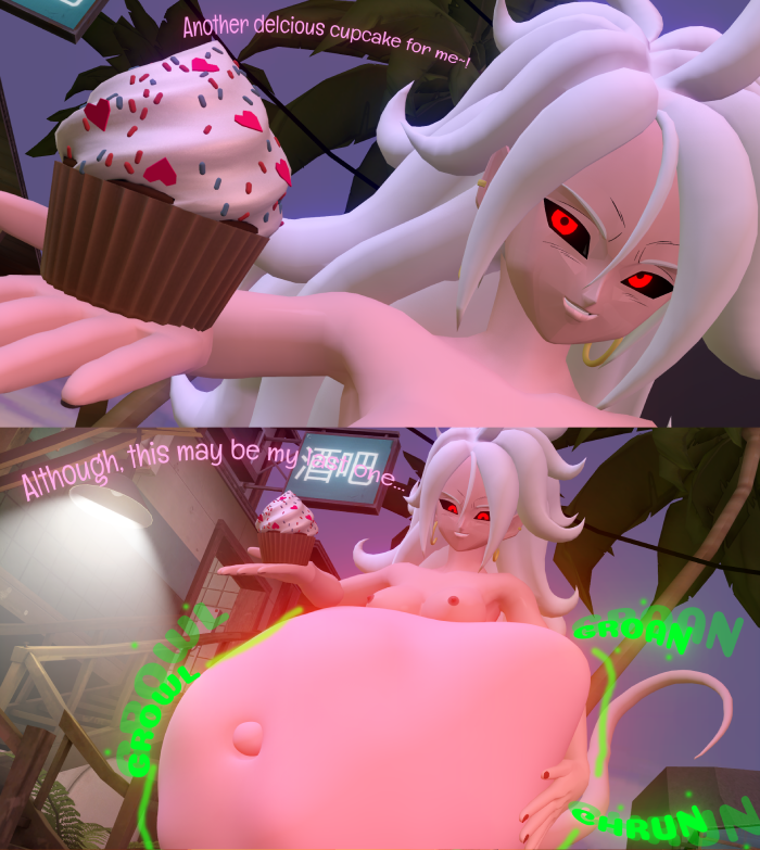 1girls 3d android_21 belly big_belly breasts dialogue dragon_ball dragon_ball_z female female_pred huge_belly nipples pink_skin quavoresfm same_size_vore stomach_noises text vore white_hair