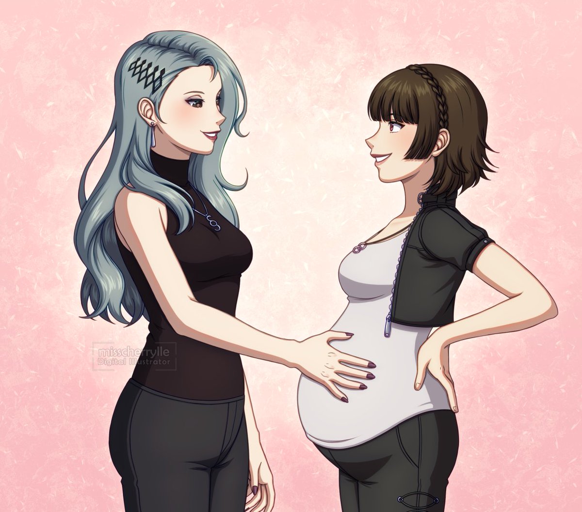 2girls big_belly bloated_belly brown_eyes brown_hair clothed clothing female female_only grey_hair hand_on_belly hands_behind_back happy lipstick long_hair makoto_niijima misscherrylle persona persona_5 pregnant sae_niijima silver_hair sisters unbuttoned_pants watermark wholesome