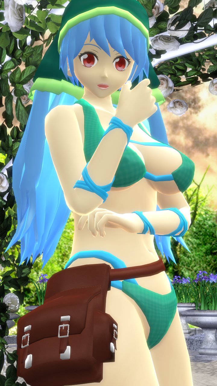 1girls 2024 3d_(artwork) armwear bag bikini blue_hair deity divine_spirit garden god green_headwear hati_yukkuri_mmd headkerchief headwear keiki_haniyasushin light-skinned_female long_hair_female looking_at_viewer mature_female mmd red_eyes solo_female solo_focus sunset swimsuit touhou wily_beast_and_weakest_creature